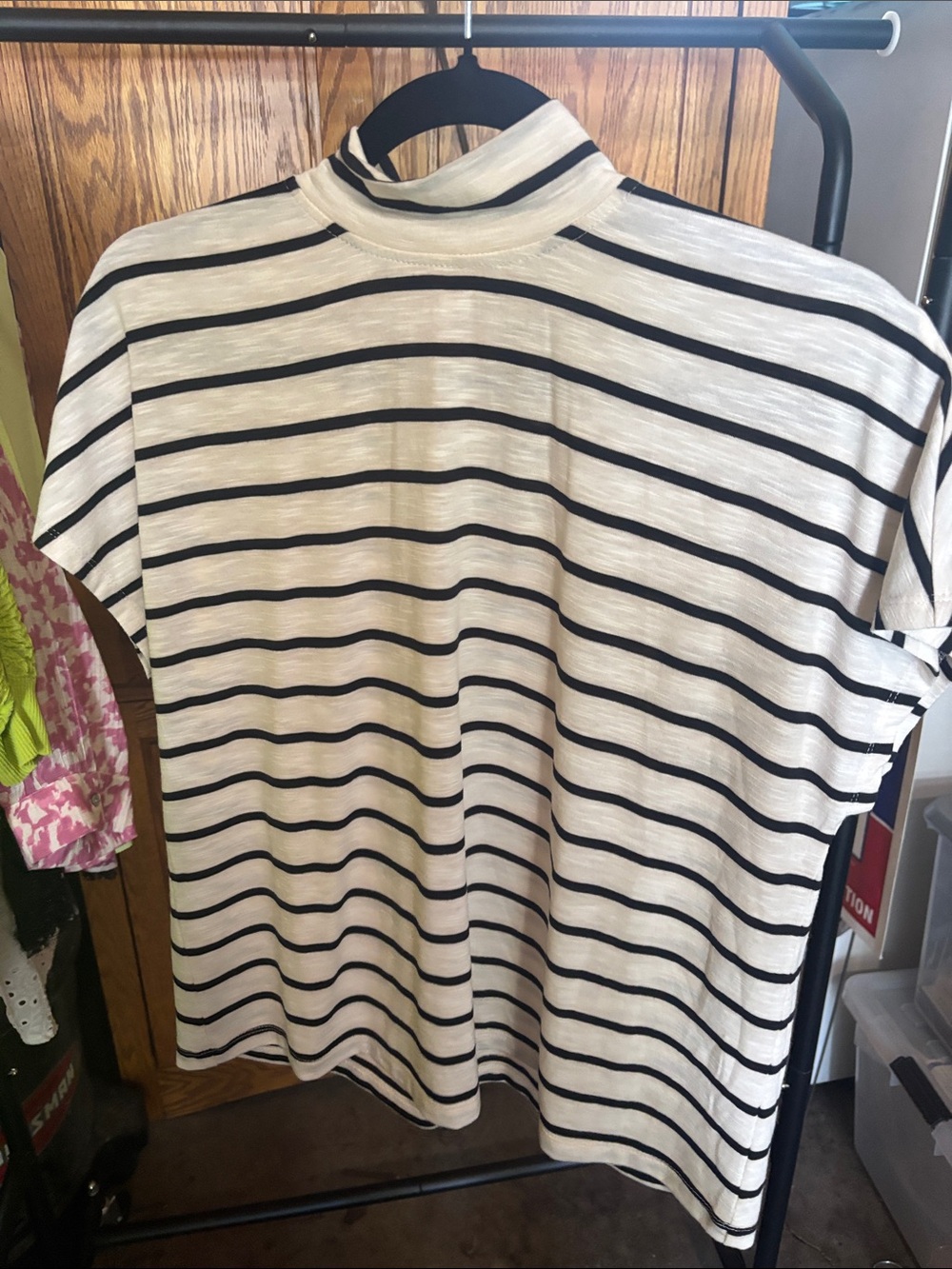 Spense Black & White Striped Mock Neck Tee